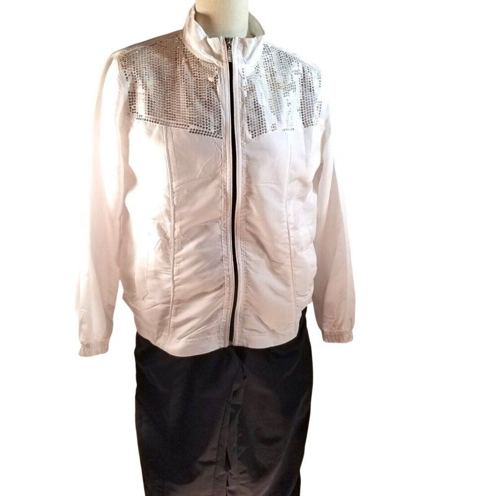 Activology Sequined Track Suit Jacket Pants Black White Womens M Athleisure